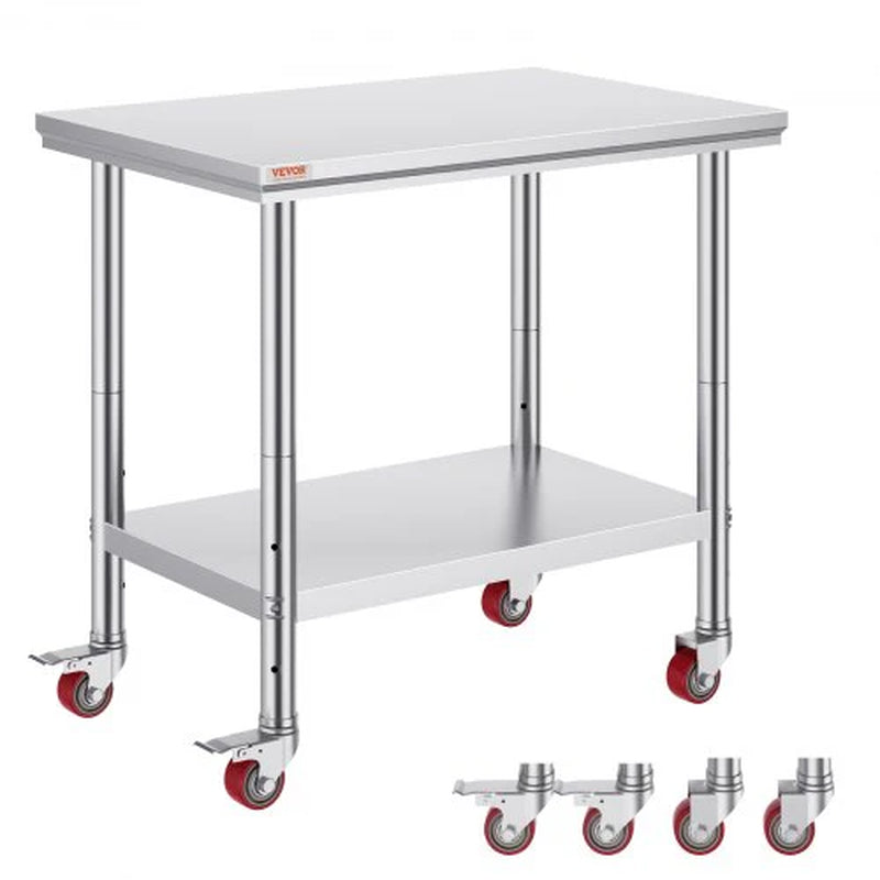 VEVOR Stainless Steel Work Table 36X24 Inch with 4 Wheels Commercial Food Prep Worktable with Casters Heavy Duty Work Table for Commercial Kitchen Restaurant