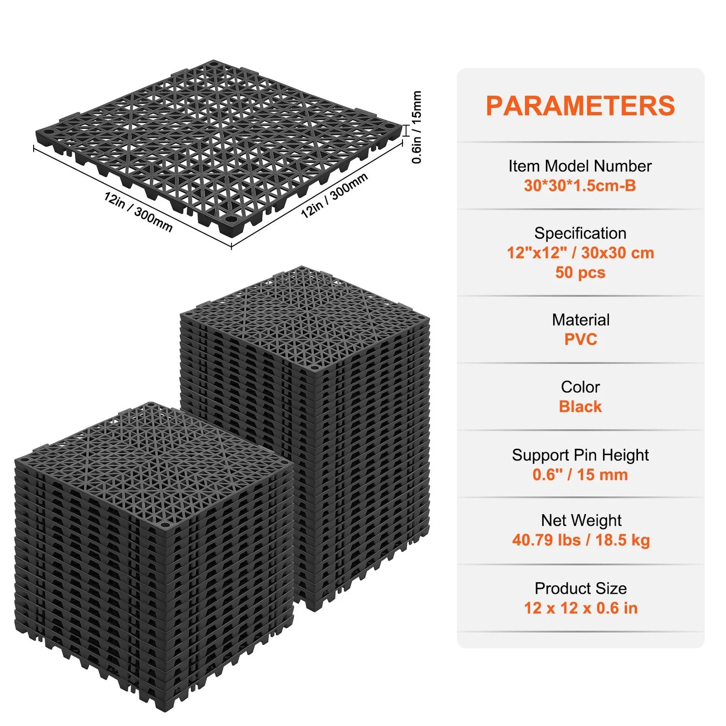 VEVOR Interlocking Tile 50PCS Black, Drainage Tiles 12 X 12 Splicing, Soft PVC Interlocking Drainage Floor Tiles, Non-Slip Drainage Holes for Restroom, Bathroom, Kitchen, Pool, Wet Areas