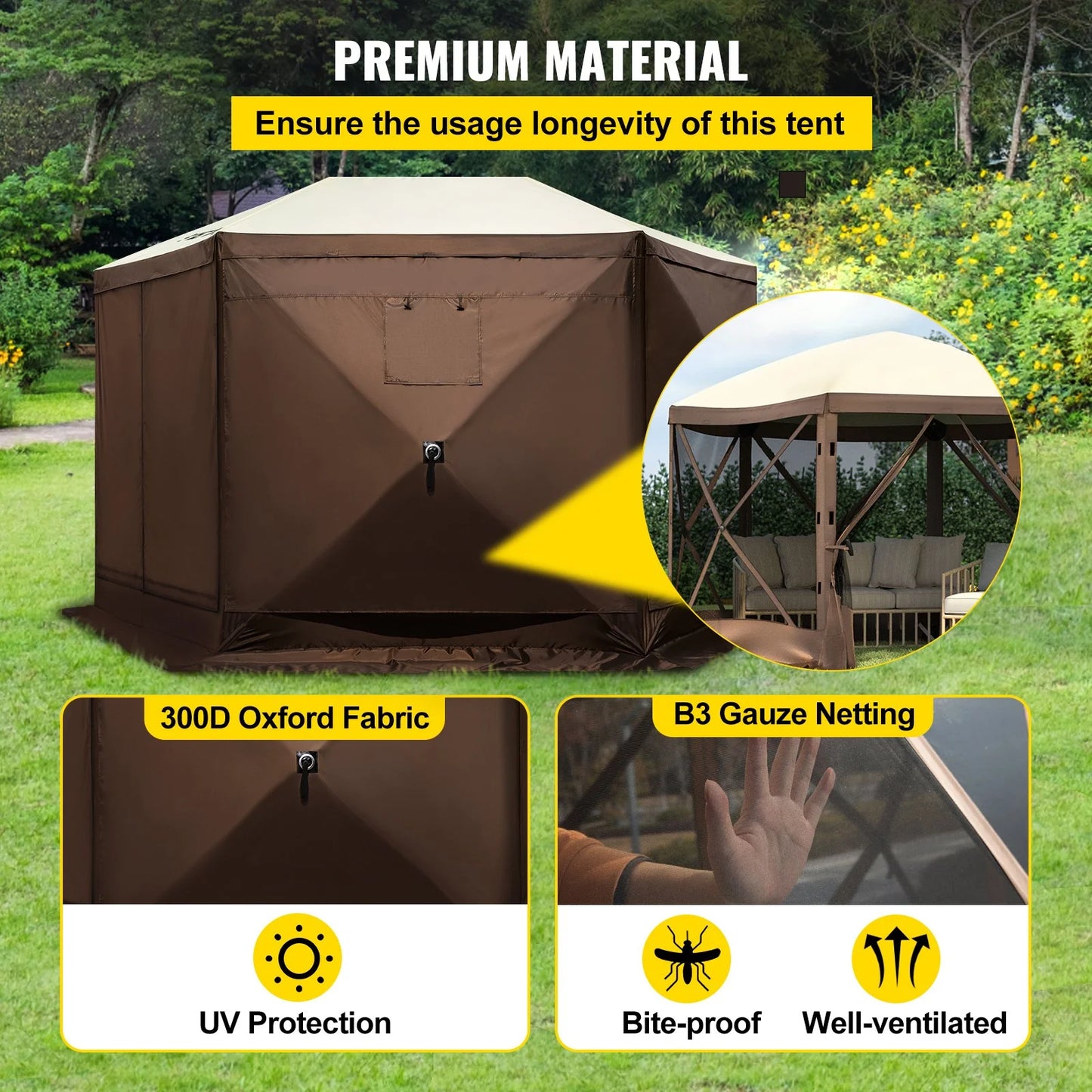 VEVOR Camping Gazebo Screen Tent, 12*12Ft, 6 Sided Pop-Up Canopy Shelter Tent with Mesh Windows, Portable Carry Bag, Stakes, Large Shade Tents for Outdoor Camping, Lawn and Backyard, Brown/Beige