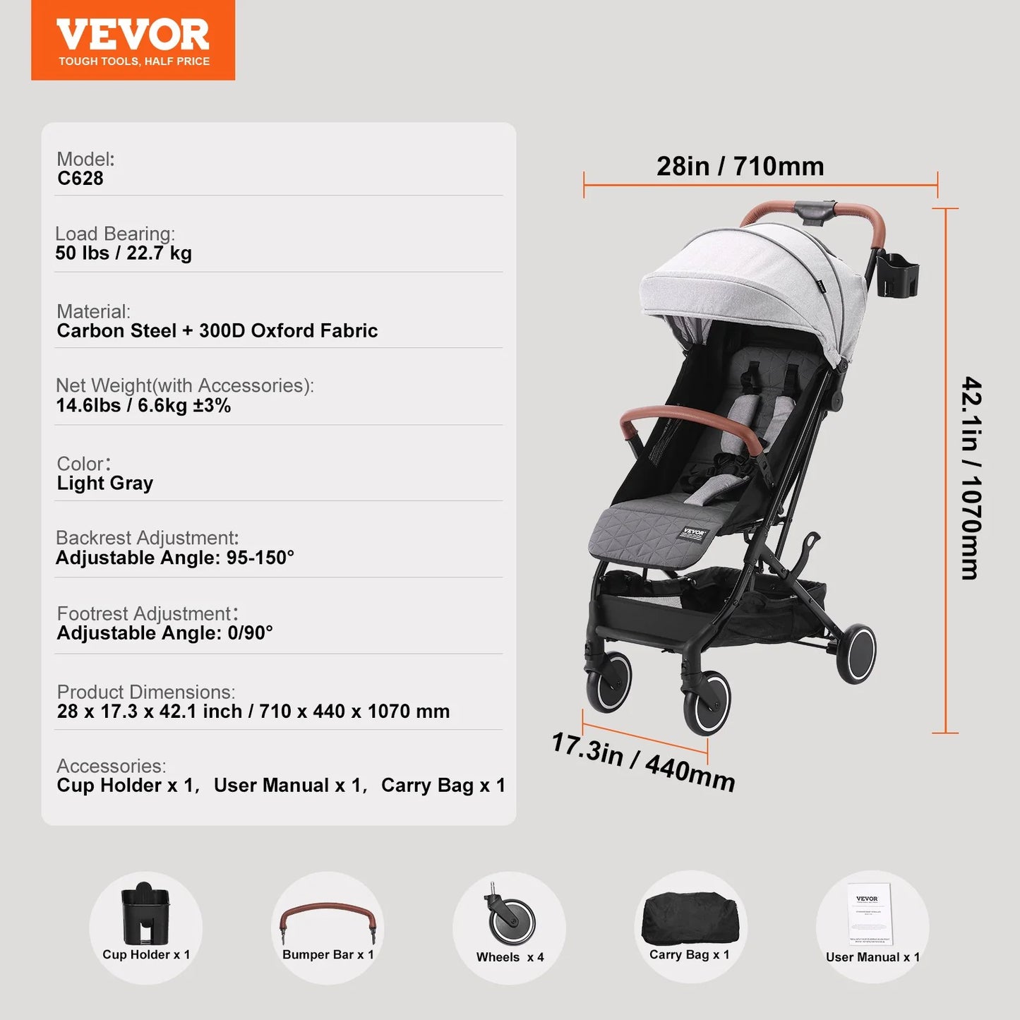 VEVOR Standard Baby Infant Stroller, Toddler Stroller with 95¡Ã-150¡Ã Adjustable Backrest & & 0/90¡Ãadjustable Footrest & One-Click Folding, Newborn Stroller with Cup Holder and Carry Bag, Light Grey
