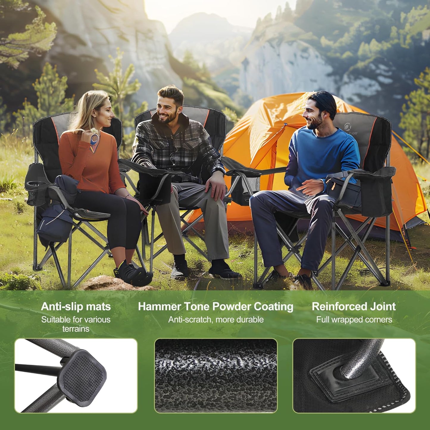 Folding Camping Chair Oversized Heavy Duty Padded Outdoor Chair with Cup Holder Storage and Cooler Bag, 450 LBS Weight Capacity, Thicken 600D Oxford,2 Pack