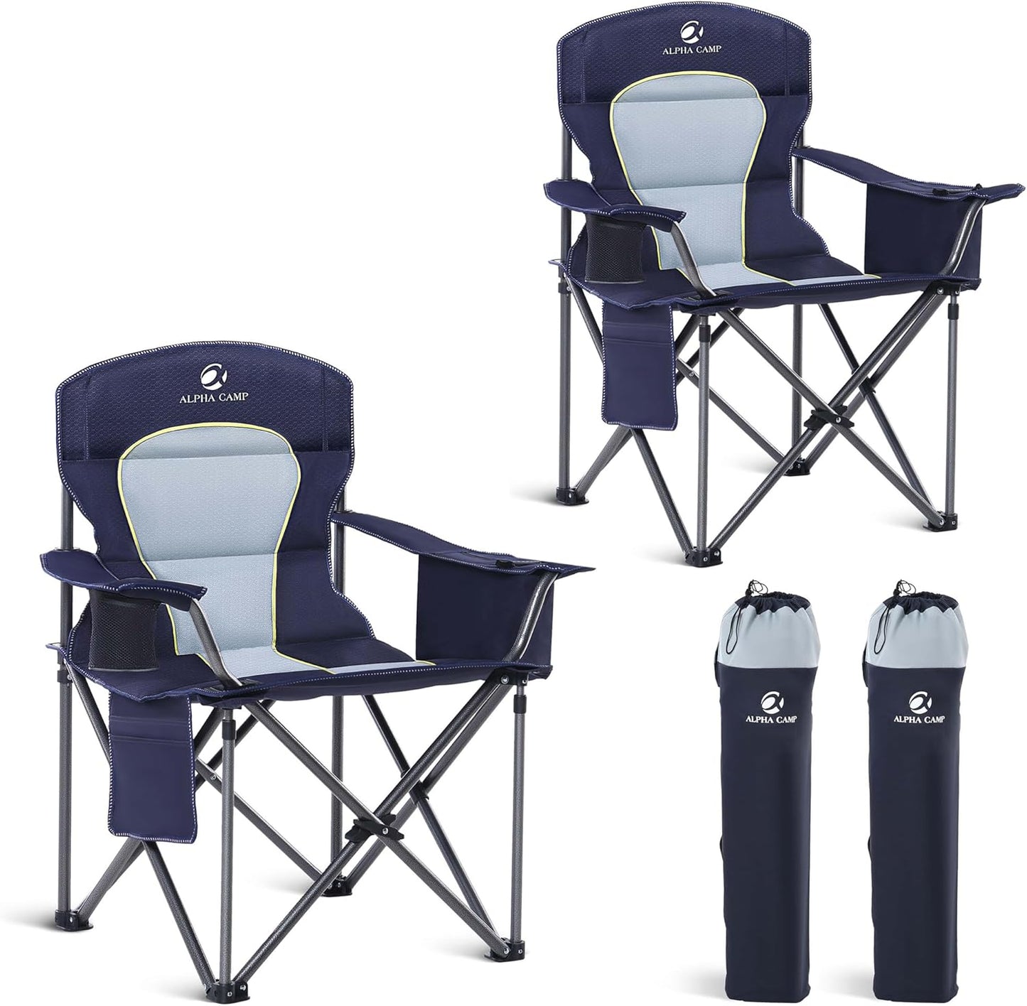 Folding Camping Chair Oversized Heavy Duty Padded Outdoor Chair with Cup Holder Storage and Cooler Bag, 450 LBS Weight Capacity, Thicken 600D Oxford,2 Pack