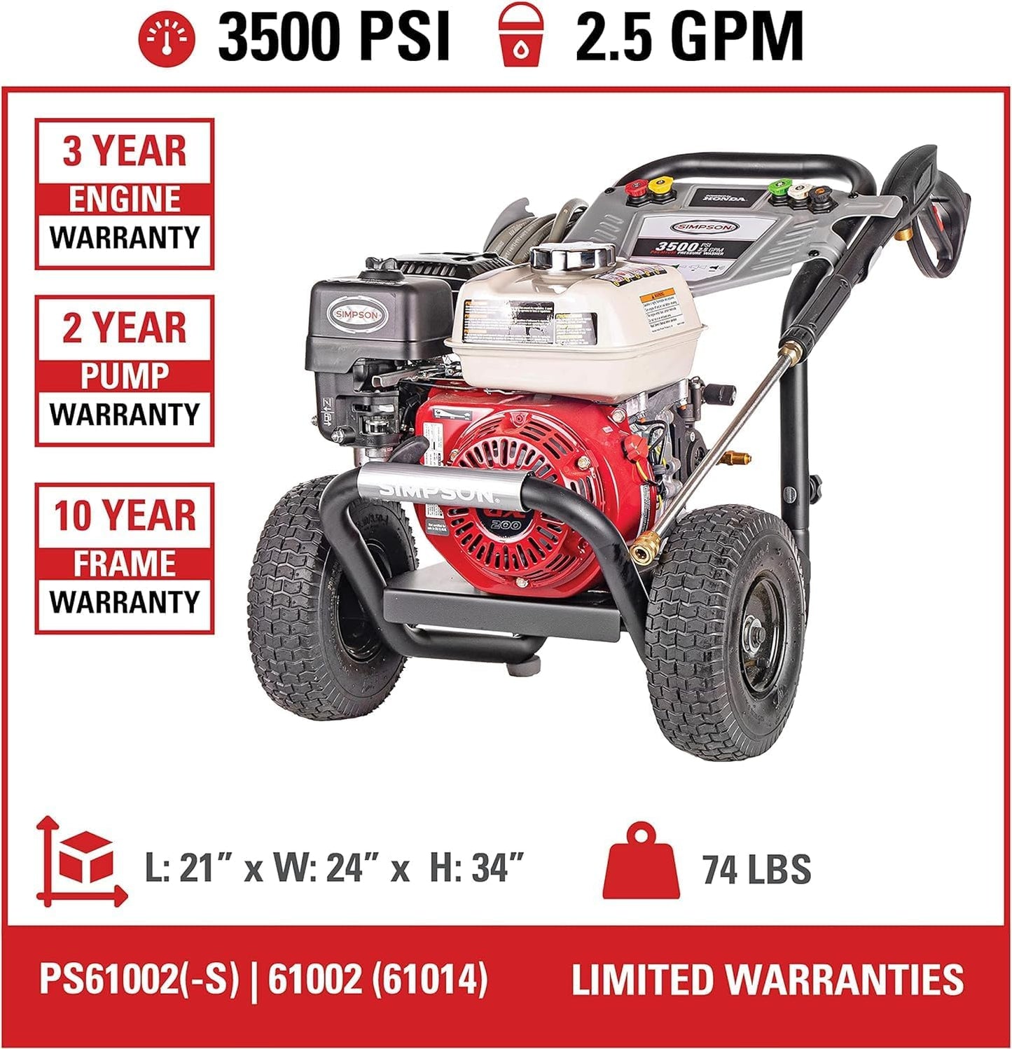 61014 3500 PSI at 2.5 GPM Honda GX200 with AAA AX300 Axial Cam Pump Cold Water Professional Gas Pressure Washer PS61002-S