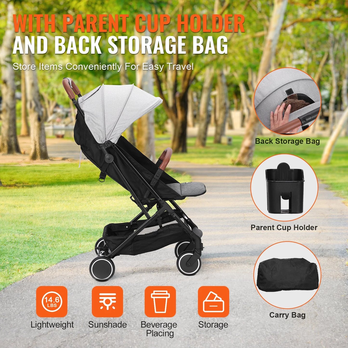 VEVOR Standard Baby Infant Stroller, Toddler Stroller with 95¡Ã-150¡Ã Adjustable Backrest & & 0/90¡Ãadjustable Footrest & One-Click Folding, Newborn Stroller with Cup Holder and Carry Bag, Light Grey