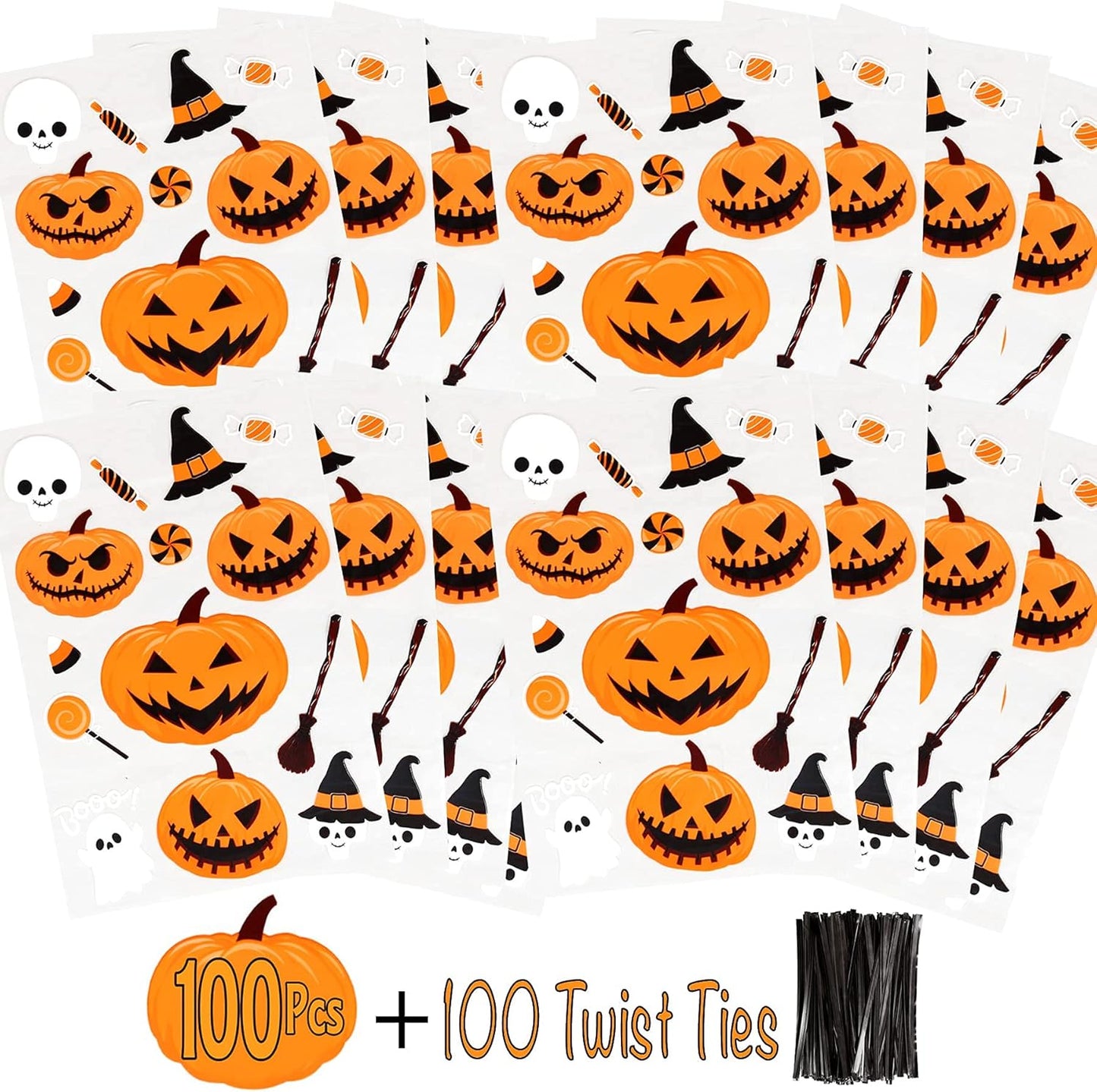 Halloween Treat Bags | 100 Pcs (6” X 9” Inch) |2.5 Mil Crystal Clear Cellophane Bags with Fun Scary Designs | Pumpkins, Witches Cello Bags | Halloween Party Decorations, Spooky Treat Bags