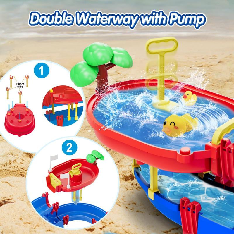 VATOS Double-Tier Outdoor Water Table with 61 PCS DIY Multifunction Swimming Pool Playset & Pump - Summer Activities for 3-8 Years