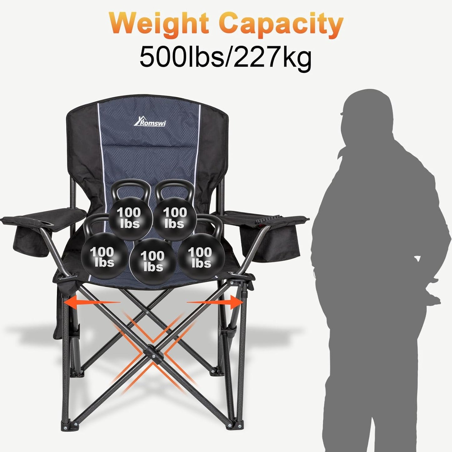 Oversized Camping Chairs,Heavy Duty Support 500 Lbs,Padded Back & Arm Sport Chairs, Cup Holder Cooler Bag, Collapsible Folding Chairs for Outdoor, Fishing & Garden, Black,2-Pack