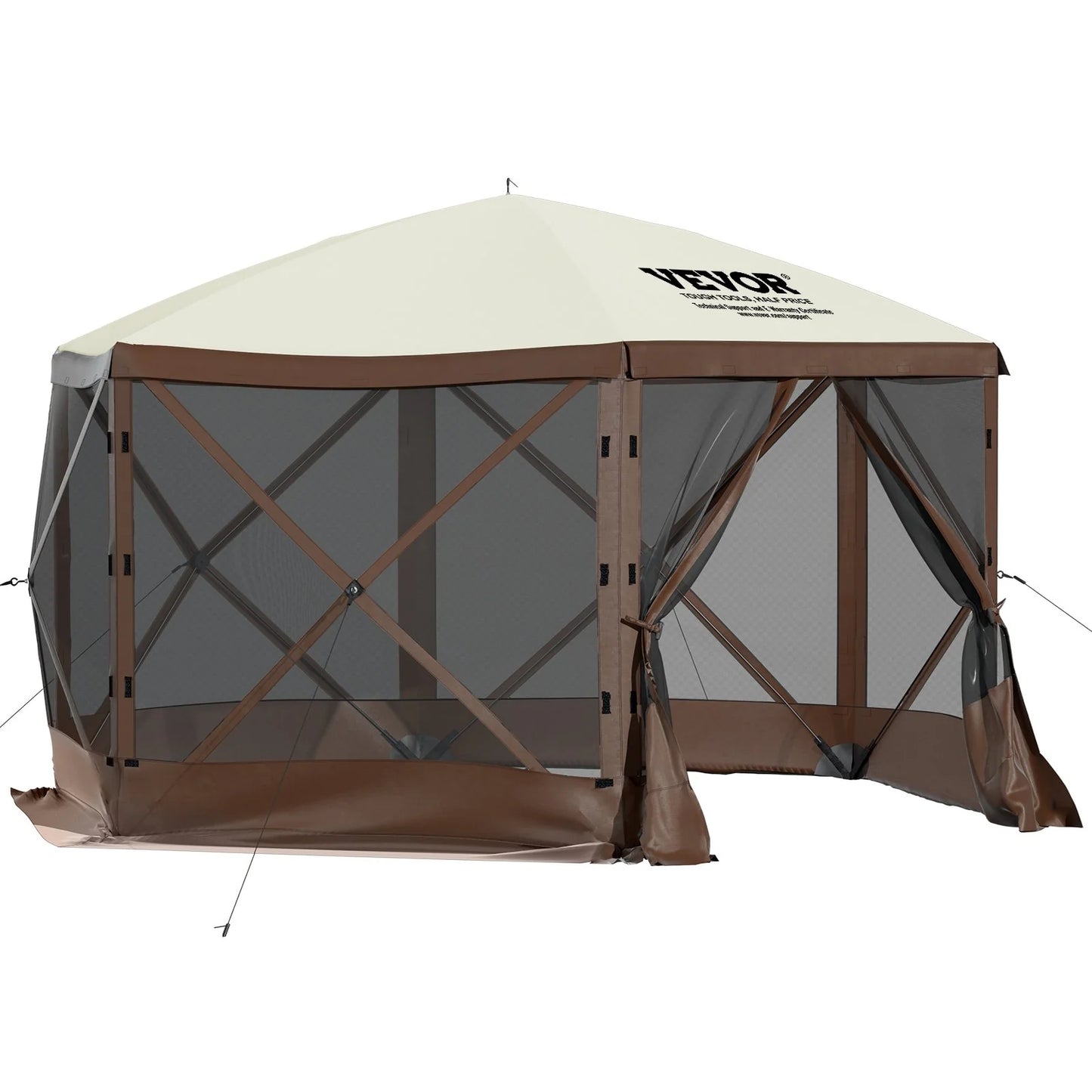 VEVOR Camping Gazebo Screen Tent, 12*12Ft, 6 Sided Pop-Up Canopy Shelter Tent with Mesh Windows, Portable Carry Bag, Stakes, Large Shade Tents for Outdoor Camping, Lawn and Backyard, Brown/Beige