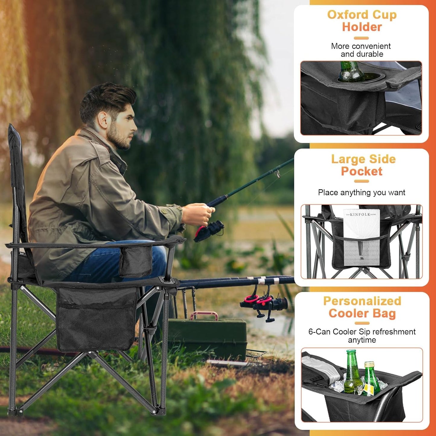 Oversized Camping Chairs,Heavy Duty Support 500 Lbs,Padded Back & Arm Sport Chairs, Cup Holder Cooler Bag, Collapsible Folding Chairs for Outdoor, Fishing & Garden, Black,2-Pack