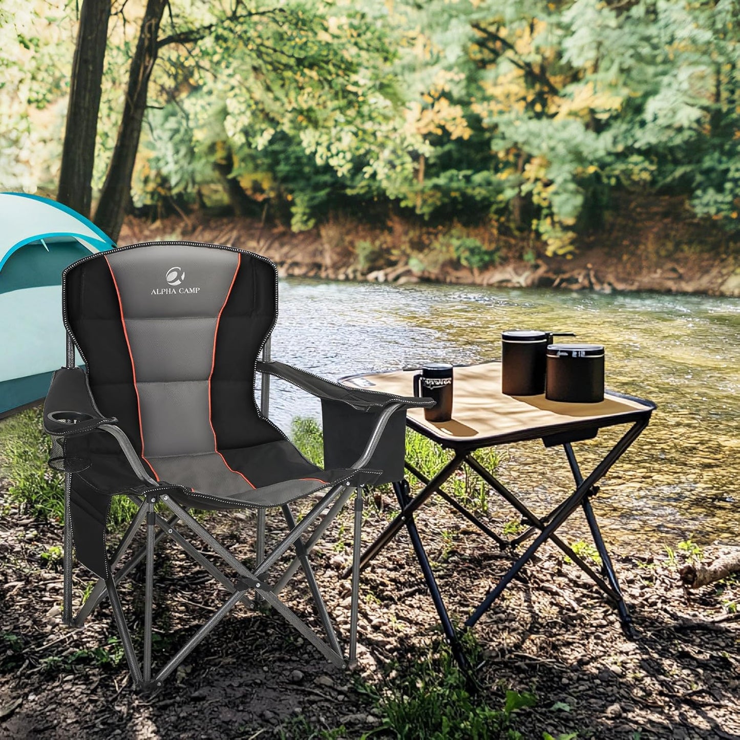 Folding Camping Chair Oversized Heavy Duty Padded Outdoor Chair with Cup Holder Storage and Cooler Bag, 450 LBS Weight Capacity, Thicken 600D Oxford,2 Pack