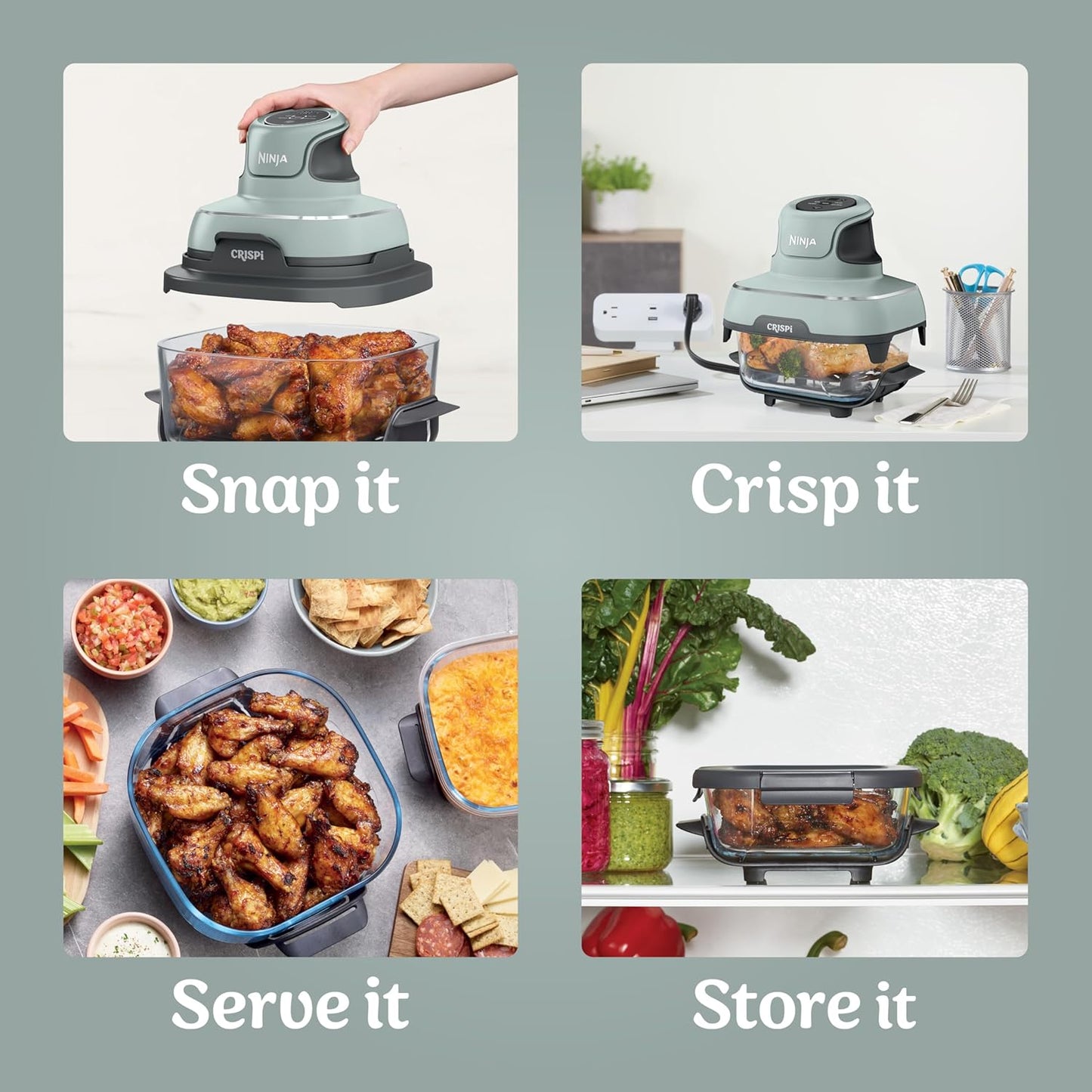 Crispi Air Fryer, Microwave, Freezer & Dishwasher Safe, Non Toxic Glass Portable Cooking System, 4 QT & 6 Cup Glass Containers with Storage Lids, Easy Meals, Air Fry, Bake, Green, FN101SG