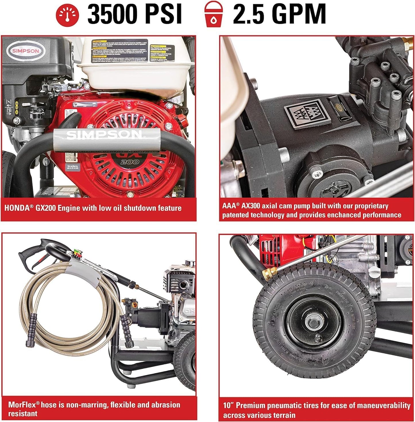 61014 3500 PSI at 2.5 GPM Honda GX200 with AAA AX300 Axial Cam Pump Cold Water Professional Gas Pressure Washer PS61002-S