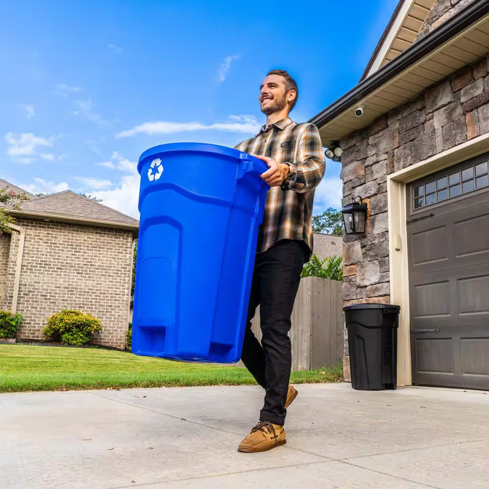 32 Gal. Blue Heavy Duty Outdoor Recycling Trash Can with Domed Lid