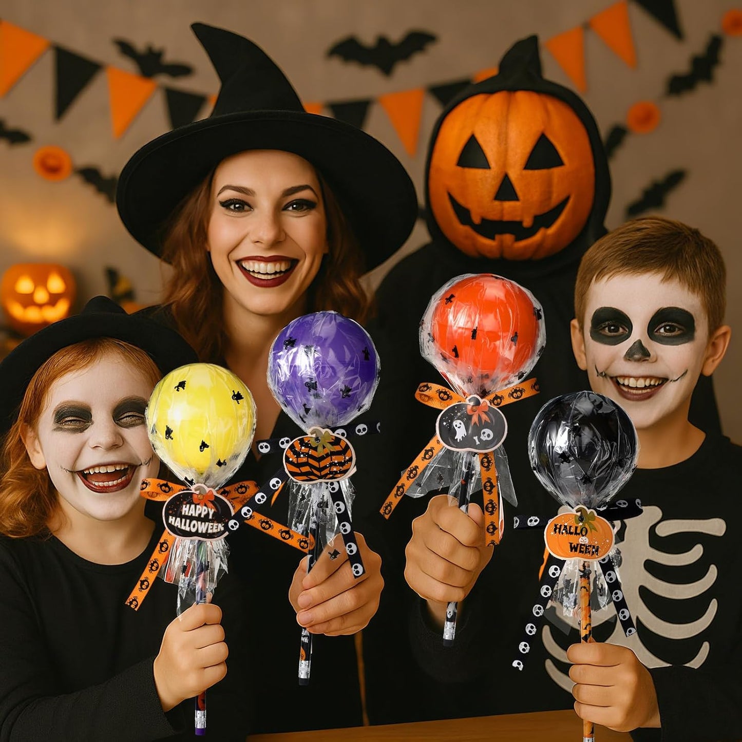 96 Pcs Halloween Trick or Treat Container Party Supplies Halloween Pencil Giant Lollipop Shape Stationery Candy Fillable Hold Plastic Lollipop Storage with Pencil for Classroom Gifts