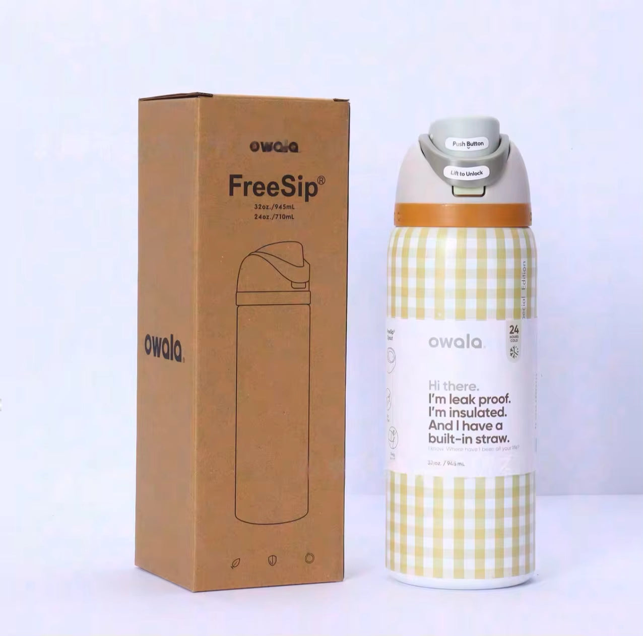 OWALAs FreeSip Limited Edition Water Bottle Yellow checkered 24Oz