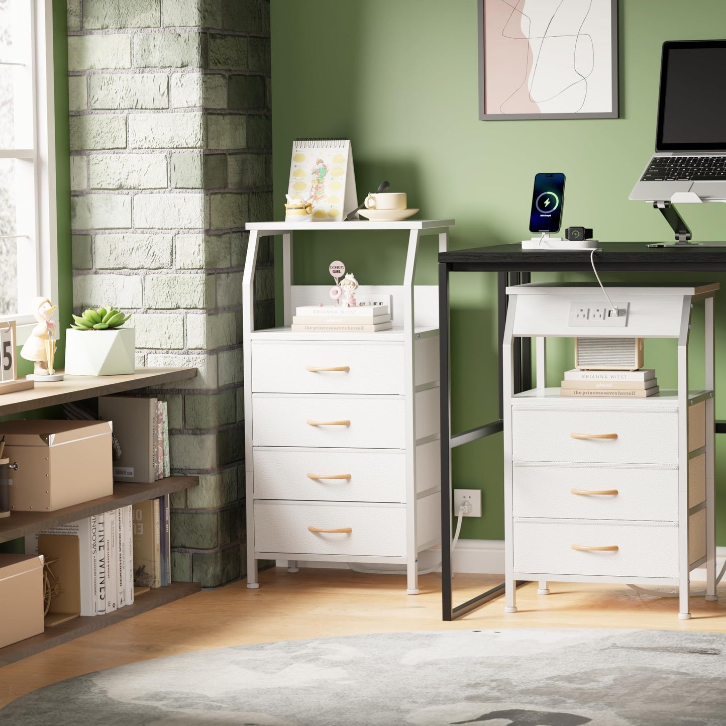 ⚡ White Nightstand with Charging Station – 3-Drawer Bedside Table with Power Outlets & Fabric Storage