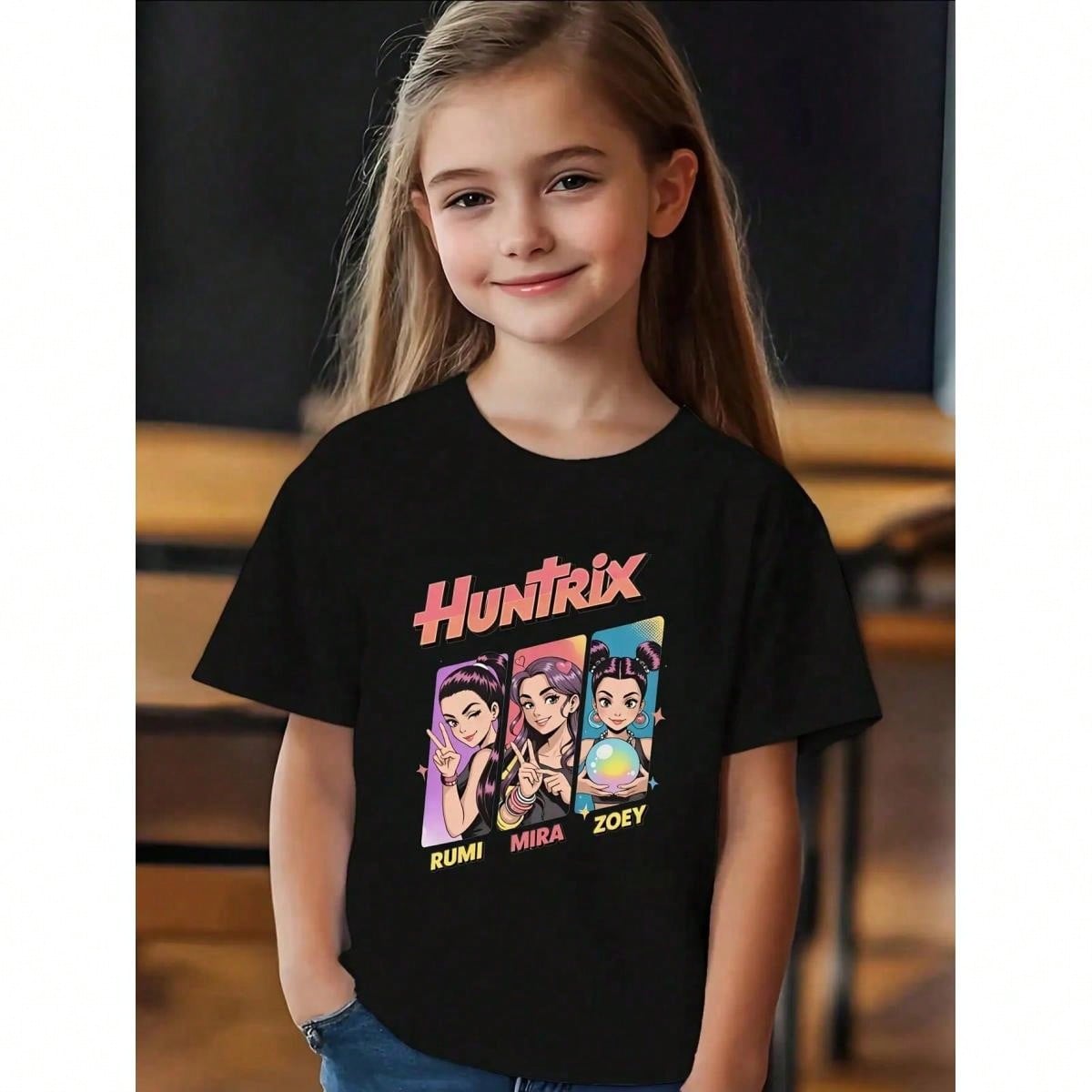 Tween/Teen Girls’ “KPOP Demon” Cotton Graphic Tee – Rumi, Zoey & Mira Bold Print Summer T-Shirt, Black