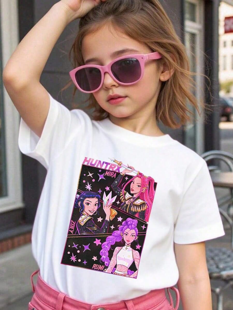 US Super-Hero Promo Kids’ Cotton Graphic Tee — “Anime Girl Rumi & Zoey & Mira” Starry Print (Black) — Unisex Round-Neck Short Sleeve, Gifts for K-POP Fans