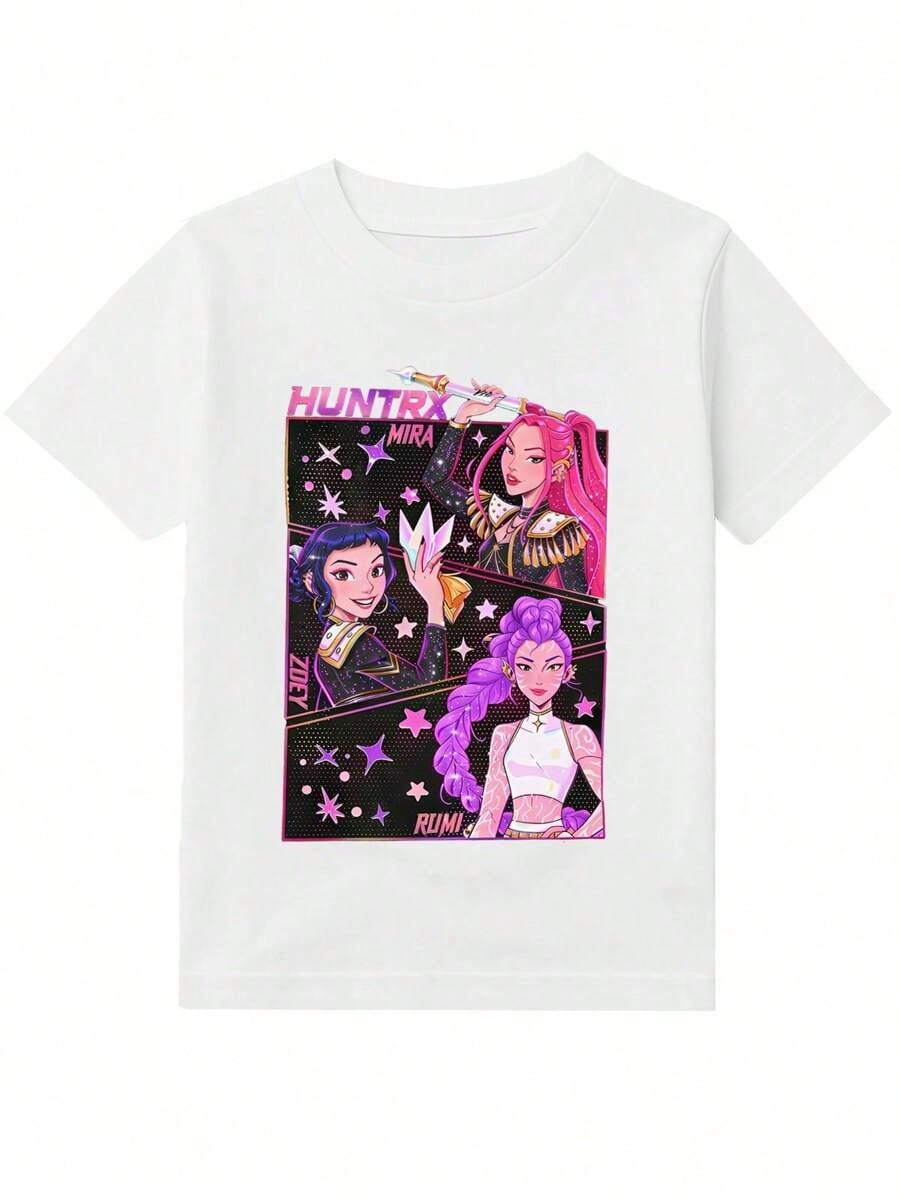 US Super-Hero Promo Kids’ Cotton Graphic Tee — “Anime Girl Rumi & Zoey & Mira” Starry Print (Black) — Unisex Round-Neck Short Sleeve, Gifts for K-POP Fans