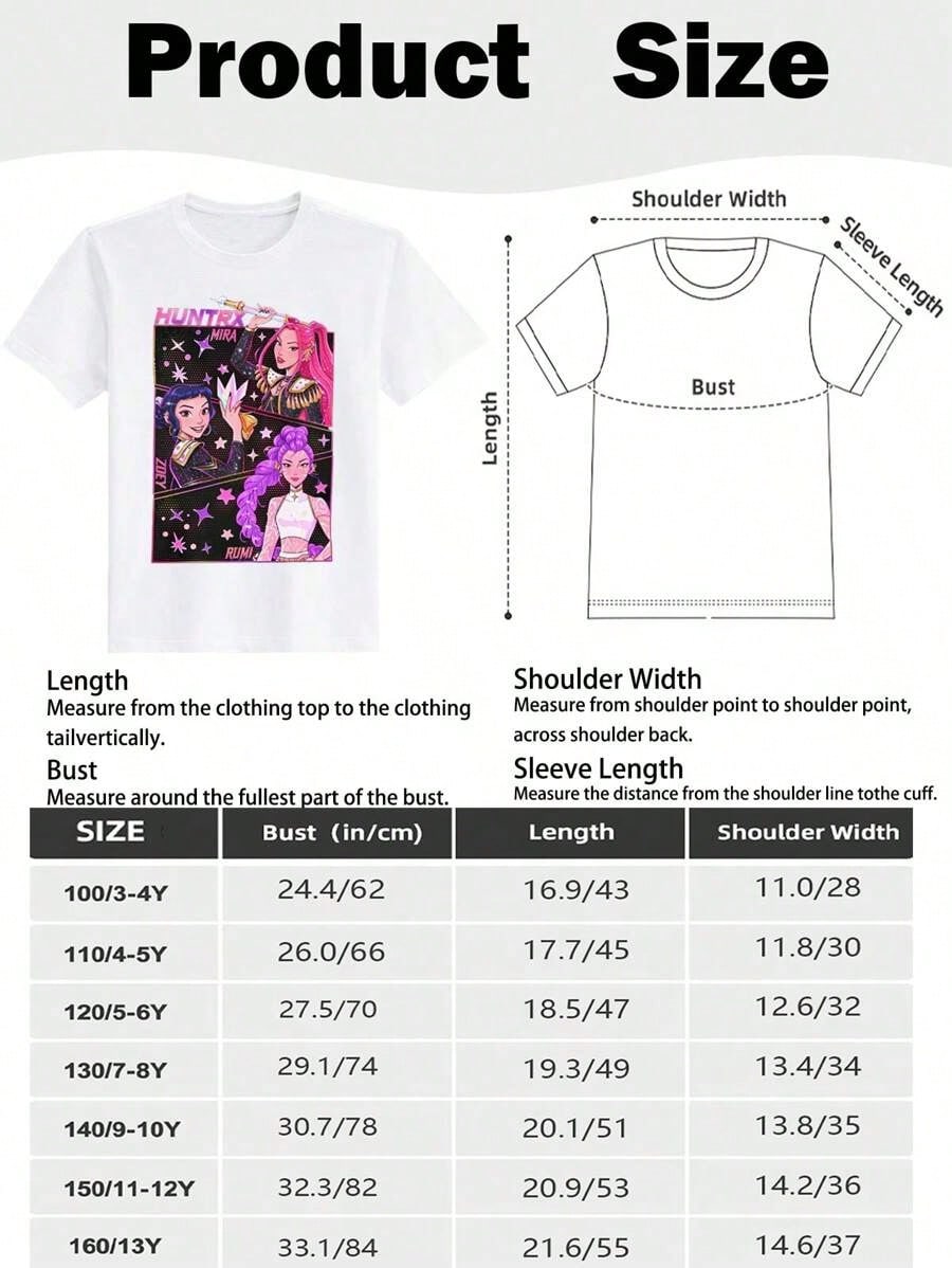 US Super-Hero Promo Kids’ Cotton Graphic Tee — “Anime Girl Rumi & Zoey & Mira” Starry Print (Black) — Unisex Round-Neck Short Sleeve, Gifts for K-POP Fans