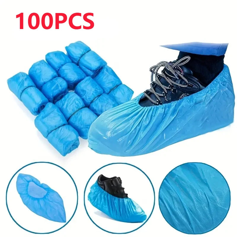 100PCS Disposable Waterproof Shoe Cover Plastic Non-Slip Foot Cover Indoor PE Padded Shoe Cover