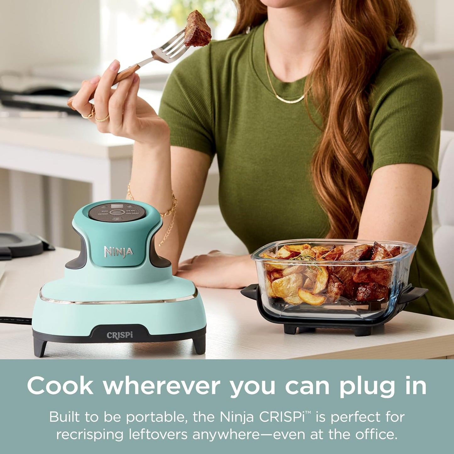Crispi 4-In-1 Portable Glass Air Fryer Cooking System, 4 QT & 6 Cup Glass Containers with Storage Lids, Easy Meals, Microwave, Freezer & Dishwasher Safe, Air Fry, Bake, & More, Mint, FN101MT