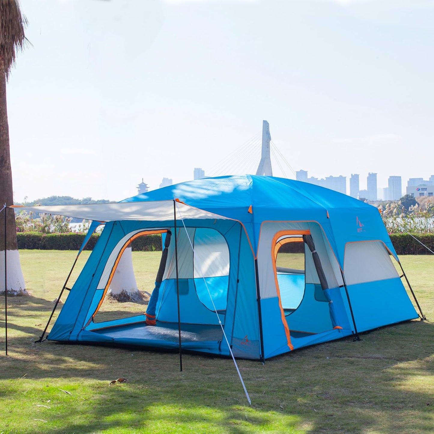 Extra Large Tent 10-12-14 Person(A),Family Cabin Tents,2 Rooms,3 Doors and 3 Windows with Mesh,Straight Wall,Waterproof,Double Layer,Big Tent for Outdoor,Picnic,Camping,Family Gathering