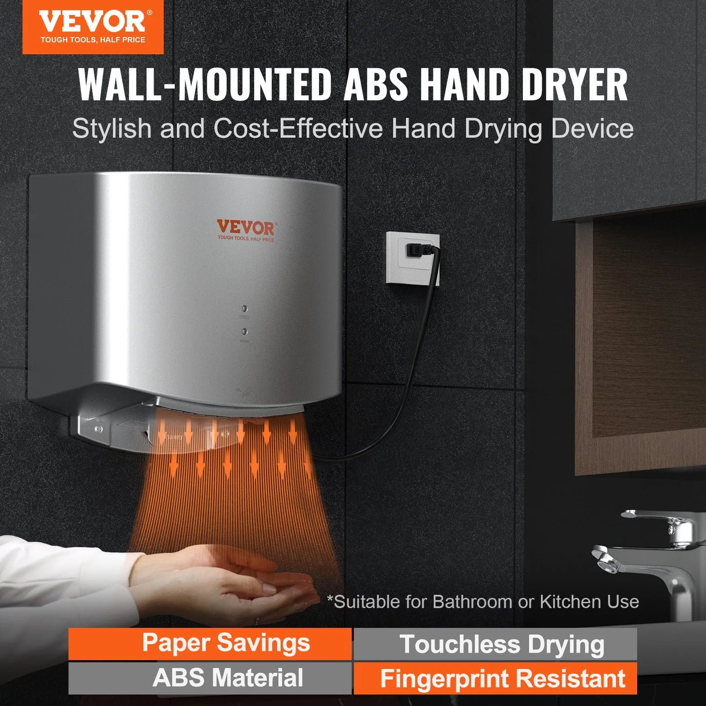 VEVOR Heavy Duty Commercial Hand Dryer, 1400W Automatic High Speed ABS Warm Wind Hand Blower, 120V & Built-In Filter Sponge & Low Noise & Effortless Installation, Compliant for Industry Home