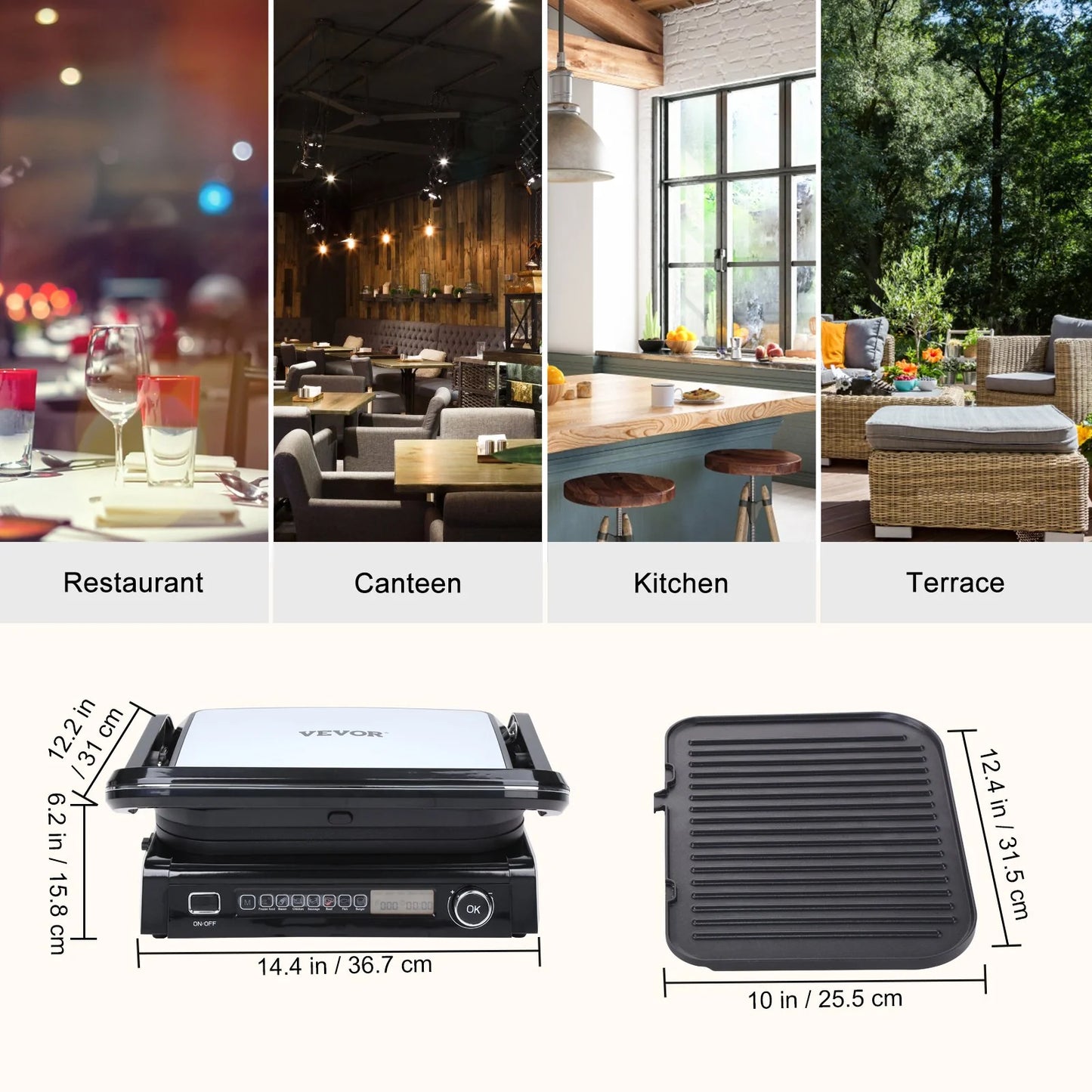 VEVOR 7 in 1 Commercial Electric Griddle, 14.4 1800W Indoor Countertop Grill, Stainless Steel Restaurant Teppanyaki Grill with Non Stick Iron Cooking Plate, 0-446¨H Adjustable Temp Control 110V
