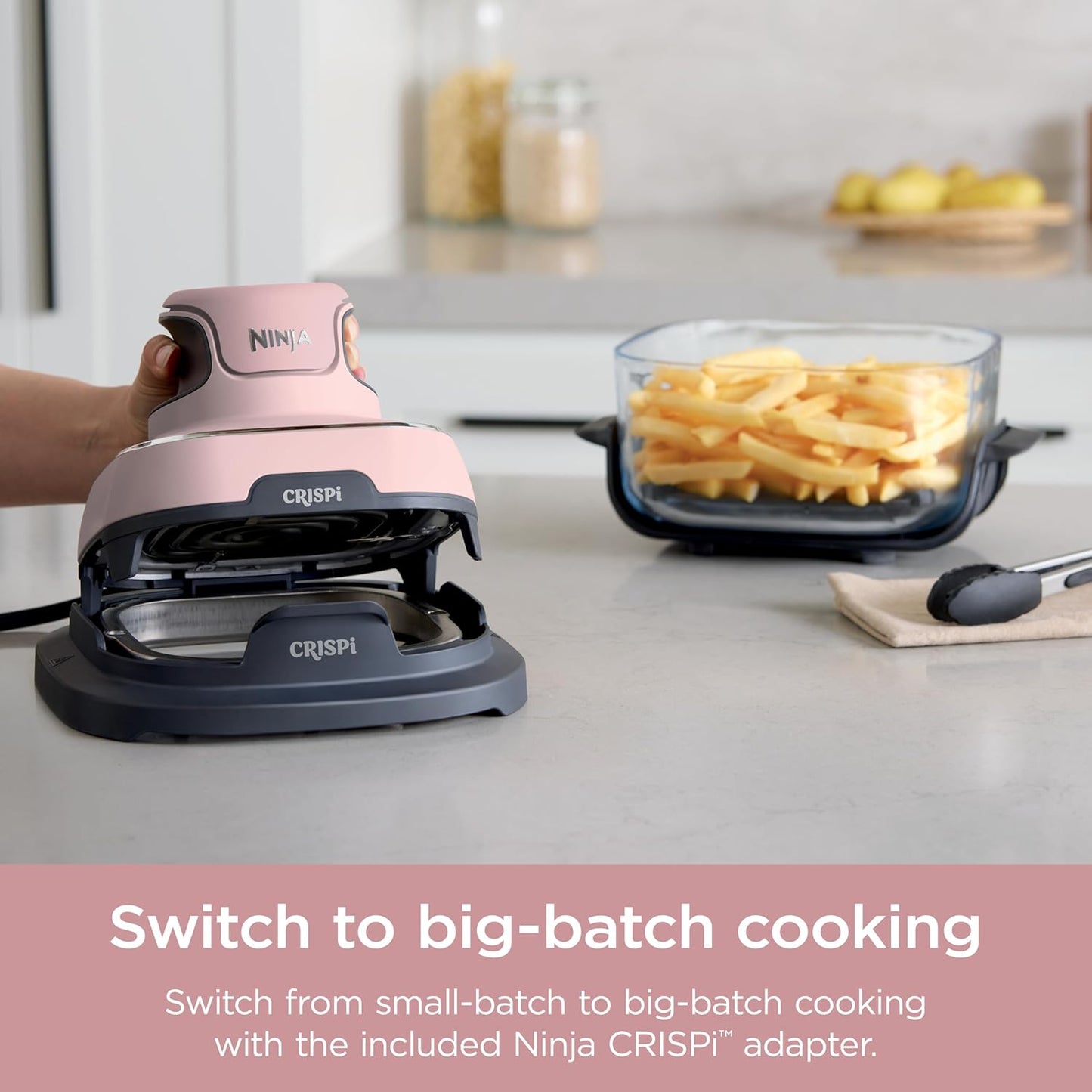 Crispi 4-In-1 Portable Glass Air Fryer Cooking System, 4 QT & 6 Cup Glass Containers with Storage Lids, Easy Meals, Microwave, Freezer & Dishwasher Safe, Air Fry, Bake, & More, Pink, FN101PK