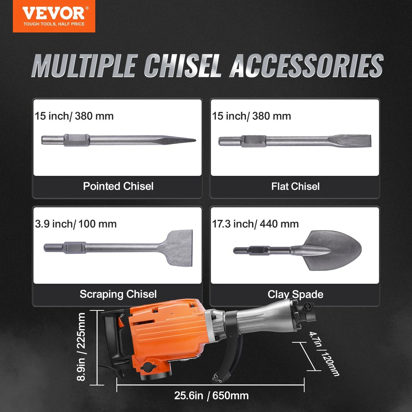 VEVOR Demolition Jack Hammer, 2200W 1400 BPM Jack Hammer Concrete Breaker, Heavy Duty Electric Jack Hammer 6Pcs Chisels Bit with Gloves, 360C Swiveling Front Handle for Trenching and Breaking Holes