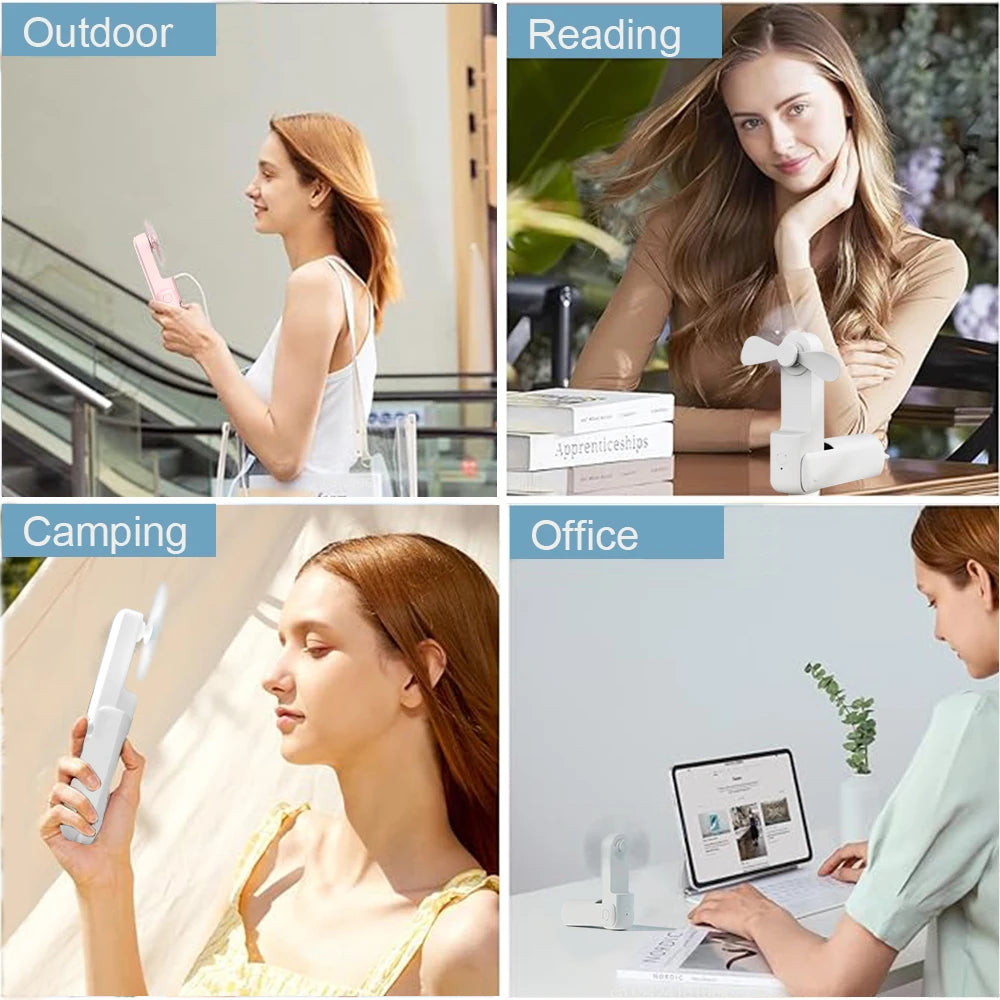 Portable Fan 2000Mah USB Rechargeable 3 Speed Mini Handheld Foldable Fan Hand Held Small Pocket Travel Fan with Handy Power Bank