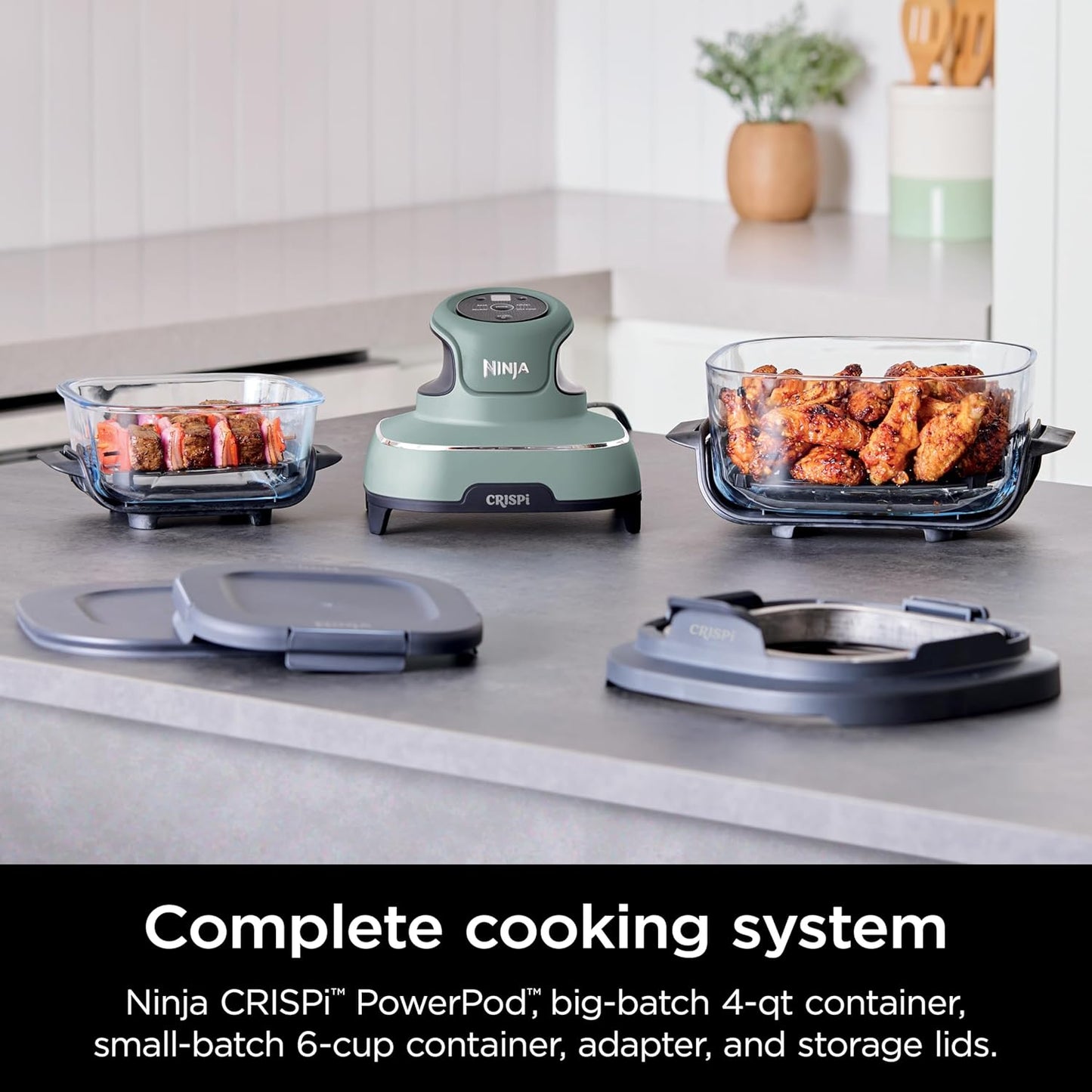 Crispi Air Fryer, Microwave, Freezer & Dishwasher Safe, Non Toxic Glass Portable Cooking System, 4 QT & 6 Cup Glass Containers with Storage Lids, Easy Meals, Air Fry, Bake, Green, FN101SG