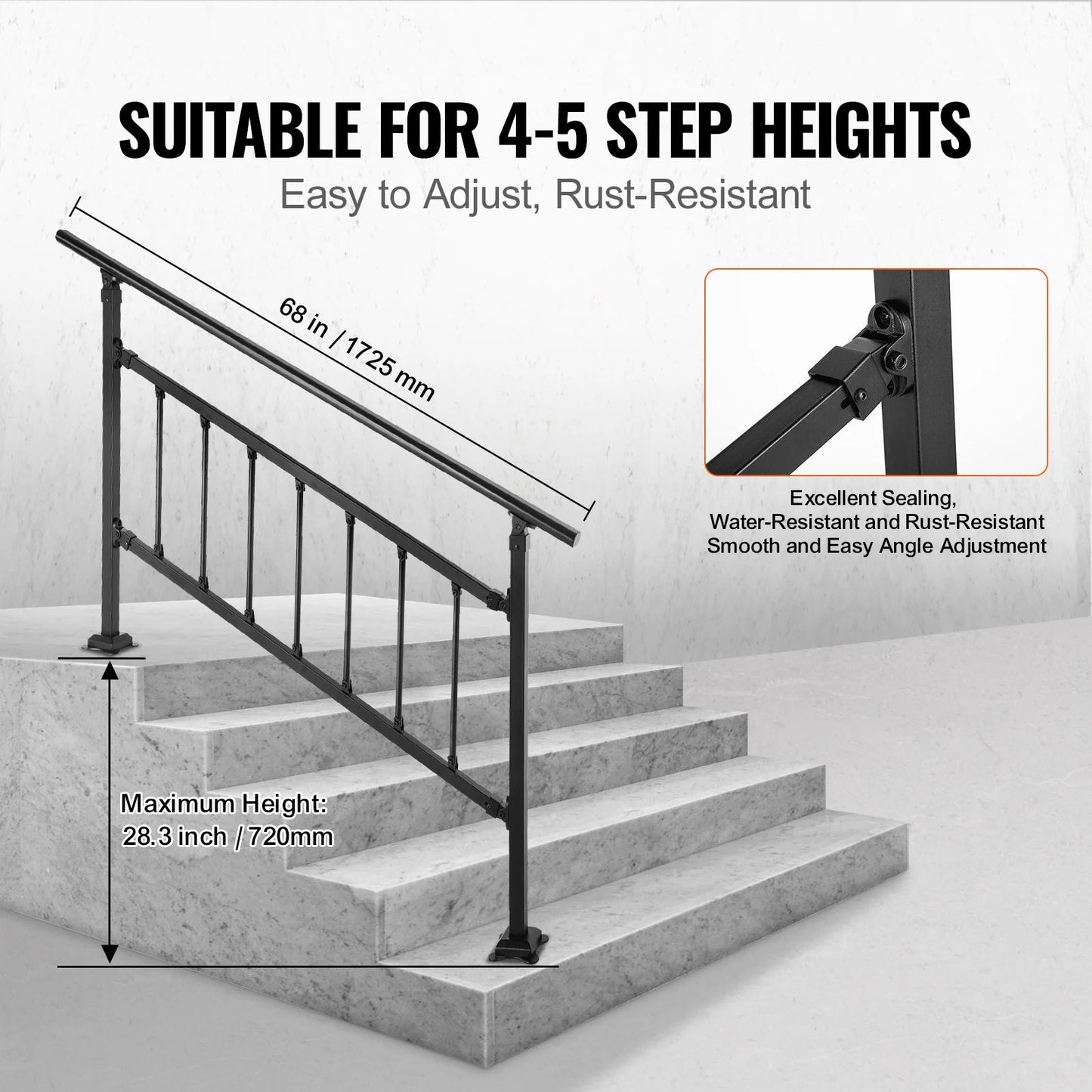 VEVOR Outdoor Stair Railing, Fits for 1-5 Steps Transitional Wrought Iron Handrail, Adjustable Exterior Stair Railing with Fence, Handrails for Concrete Steps with Installation Kit, Matte Black