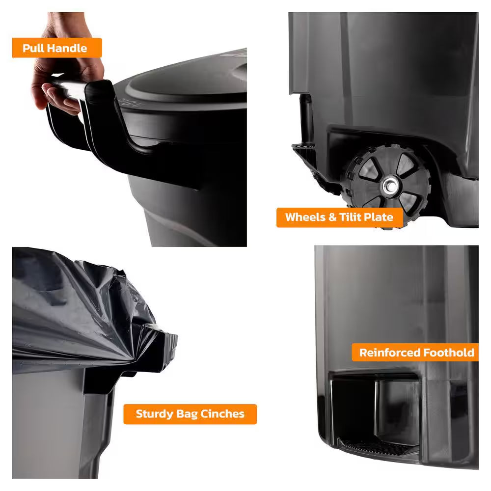 32 Gal. Black Outdoor Vented Trash Can with Wheels, Domed Lid, Rounded Handles, and Reinforced Foothold