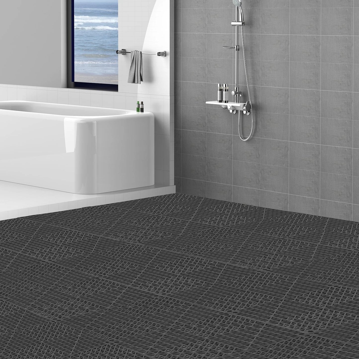 VEVOR Interlocking Tile 50PCS Black, Drainage Tiles 12 X 12 Splicing, Soft PVC Interlocking Drainage Floor Tiles, Non-Slip Drainage Holes for Restroom, Bathroom, Kitchen, Pool, Wet Areas