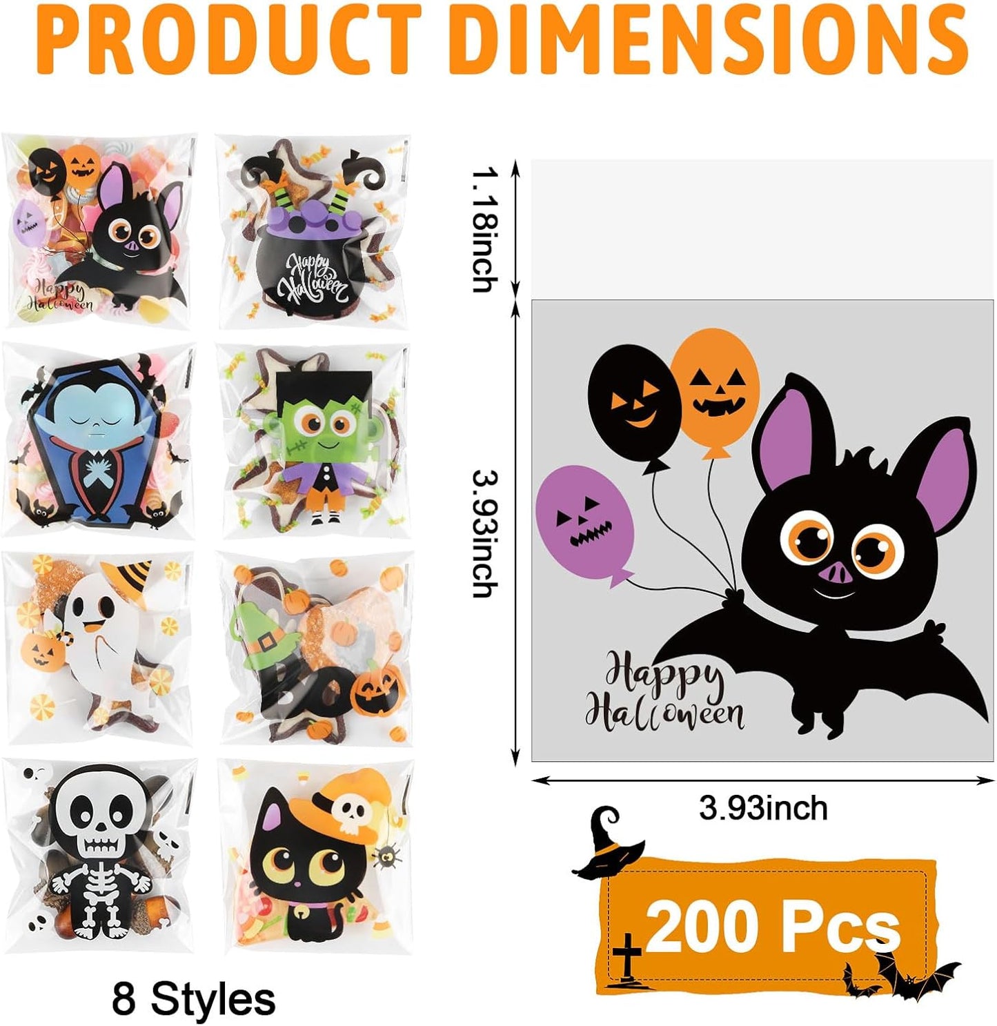 240Pcs Halloween Cellophane Treat Bags Self Adhesive Clear Cookie Bags Self Sealing Transparent Cello Candy Bags Self-Adhesive Plastic Goody Snacks Gift Bags for Halloween Party Favors