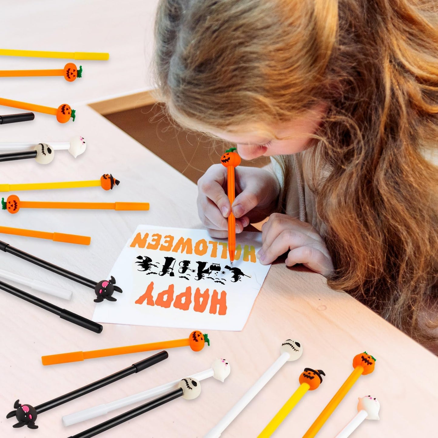 60 Pcs Halloween Pens, Pumpkin Skull Heads Ghost Bat Shape Pens, 0.5 MM Bulk Black Rollerball Pen for Halloween Thanksgiving Party Supplies School Office