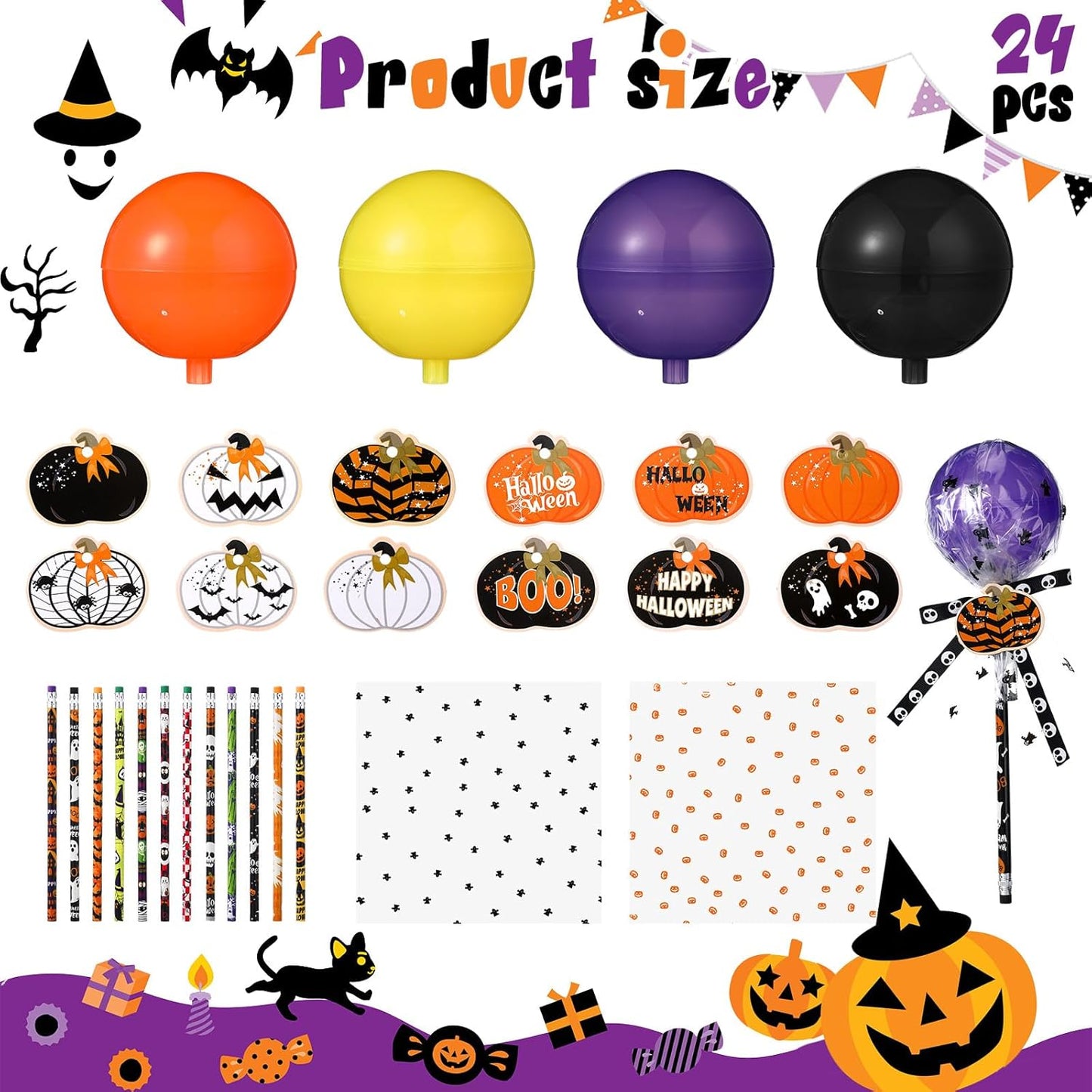 96 Pcs Halloween Trick or Treat Container Party Supplies Halloween Pencil Giant Lollipop Shape Stationery Candy Fillable Hold Plastic Lollipop Storage with Pencil for Classroom Gifts
