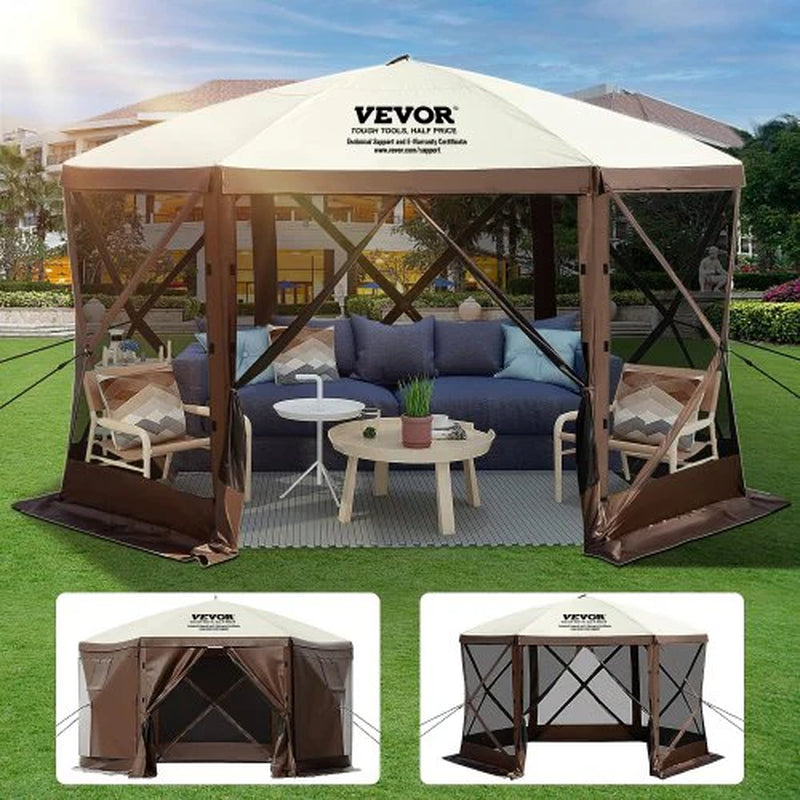 VEVOR Camping Gazebo Screen Tent, 12*12Ft, 6 Sided Pop-Up Canopy Shelter Tent with Mesh Windows, Portable Carry Bag, Stakes, Large Shade Tents for Outdoor Camping, Lawn and Backyard, Brown/Beige