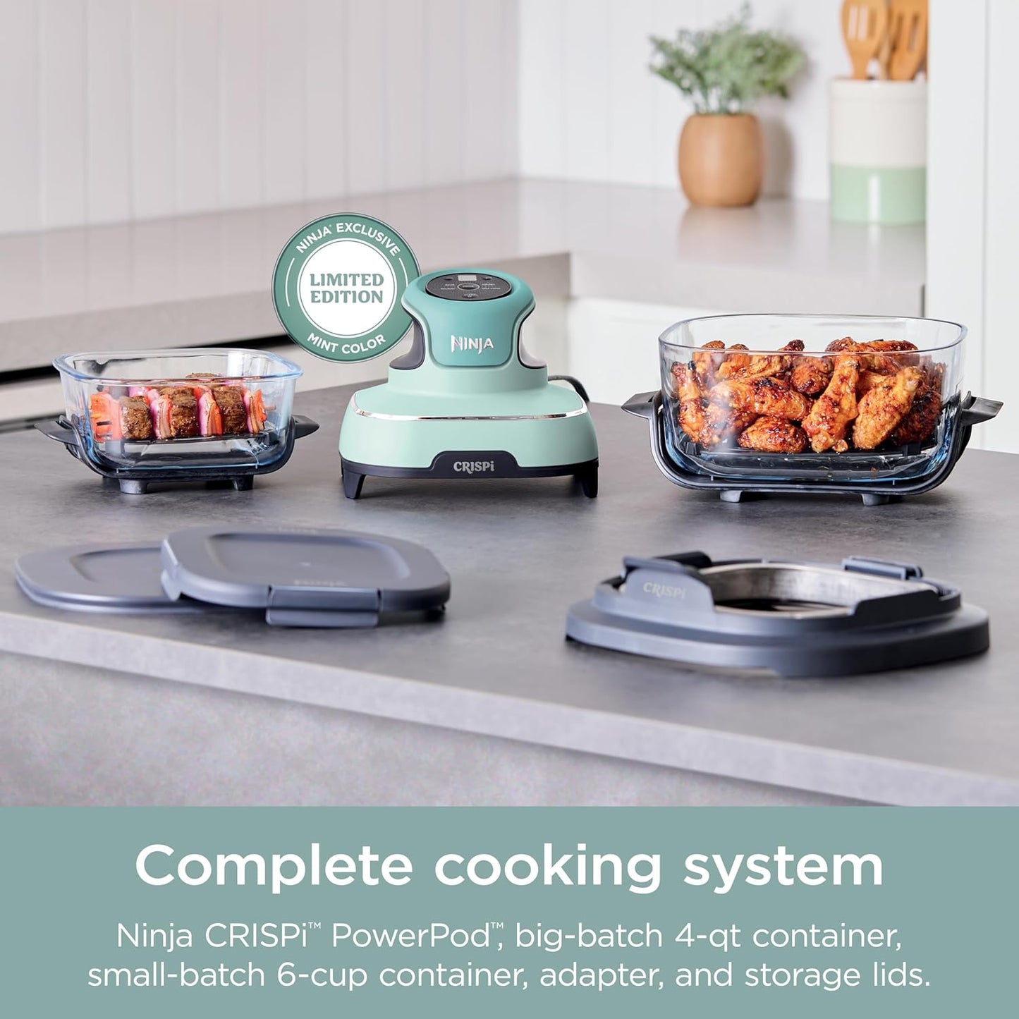 Crispi 4-In-1 Portable Glass Air Fryer Cooking System, 4 QT & 6 Cup Glass Containers with Storage Lids, Easy Meals, Microwave, Freezer & Dishwasher Safe, Air Fry, Bake, & More, Mint, FN101MT