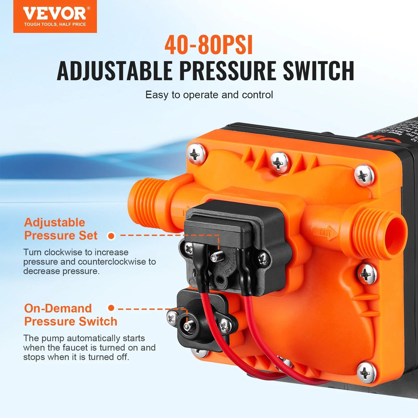 VEVOR Water Diaphragm Pump, 12V DC, 3.5 GPM Flow, 55 PSI Rated Pressure (40-80 PSI Adjustable), 1/2 MNPT Self Priming Sprayer Pump with Pressure Switch for RV Camper Marine Boat Lawn, FCC Certified