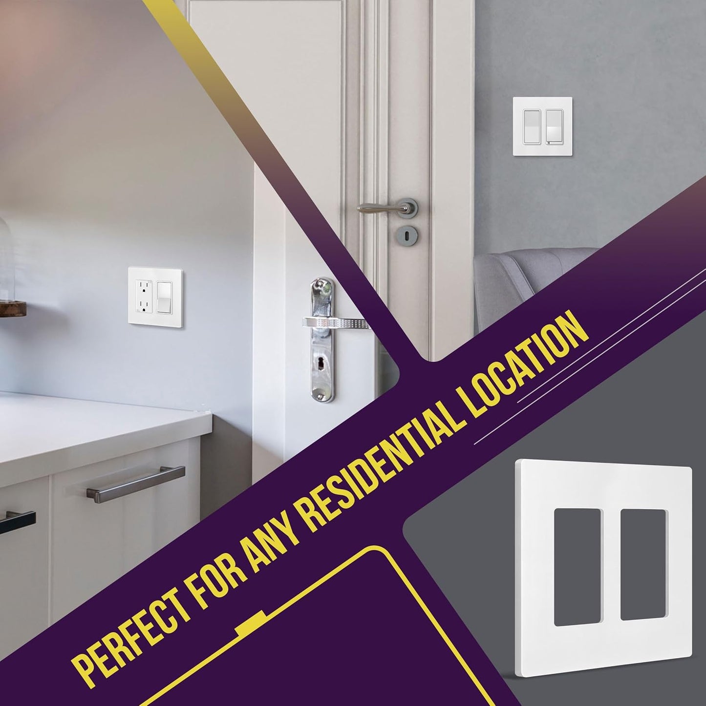 Screwless Decorator Wall Plates Child Safe Outlet Covers, Size 2-Gang 4.68" H X 4.73” L, Unbreakable Polycarbonate Thermoplastic, SI8832-W-10PCS, Glossy, White (10 Pack)