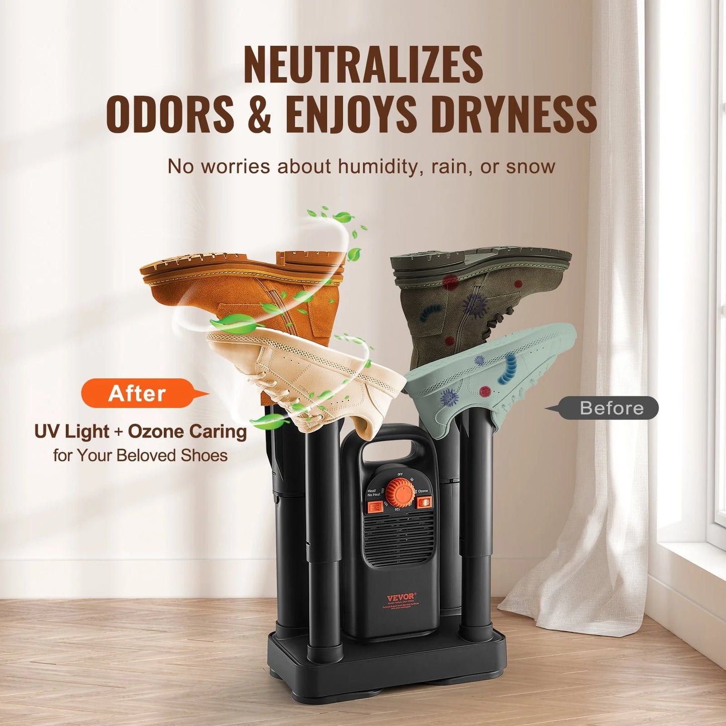 VEVOR Detachable 4-Tube Shoe Dryer with Timer and Quick Drying Black & Orange,Ultra Silent, Quick Drying for Work Boots, Ski Boots, Sneakers, Gloves, Hats, Helmets