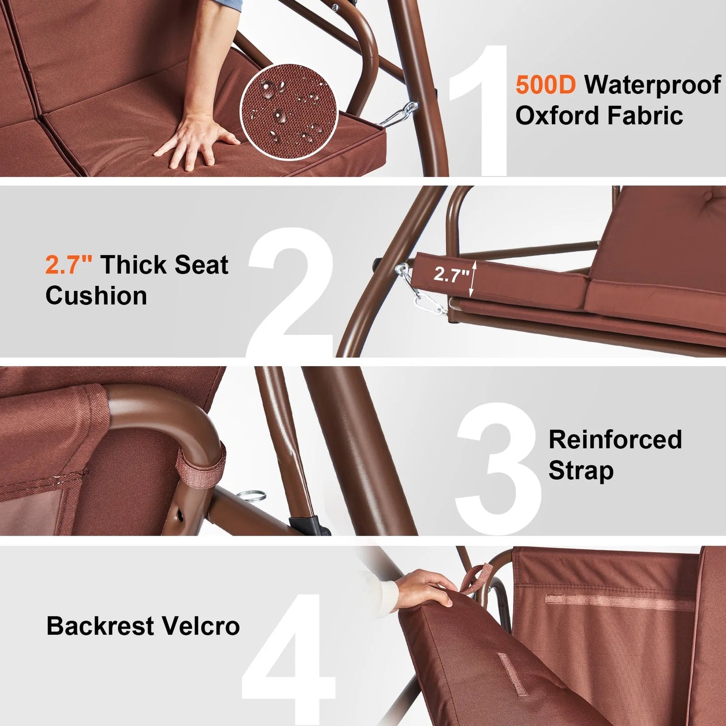 VEVOR 3-Seat Patio Swing Chair, Converting Canopy Swing, Outdoor Patio Porch with Adjustable Canopy, Removable Thick Cushion and Alloy Steel Frame, for Balcony, Backyard, Poolside, Brown