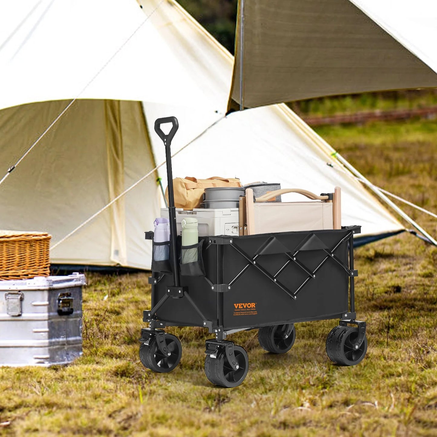 VEVOR Collapsible Folding Wagon, 220 L Beach Wagon Cart with All-Terrain Wheels, Heavy Duty Folding Wagon Cart Max 330 Lbs with Drink Holders, Sports Wagon for Camping, Shopping, Garden