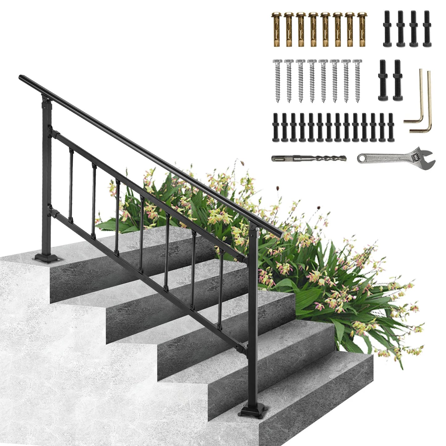 VEVOR Outdoor Stair Railing, Fits for 1-5 Steps Transitional Wrought Iron Handrail, Adjustable Exterior Stair Railing with Fence, Handrails for Concrete Steps with Installation Kit, Matte Black
