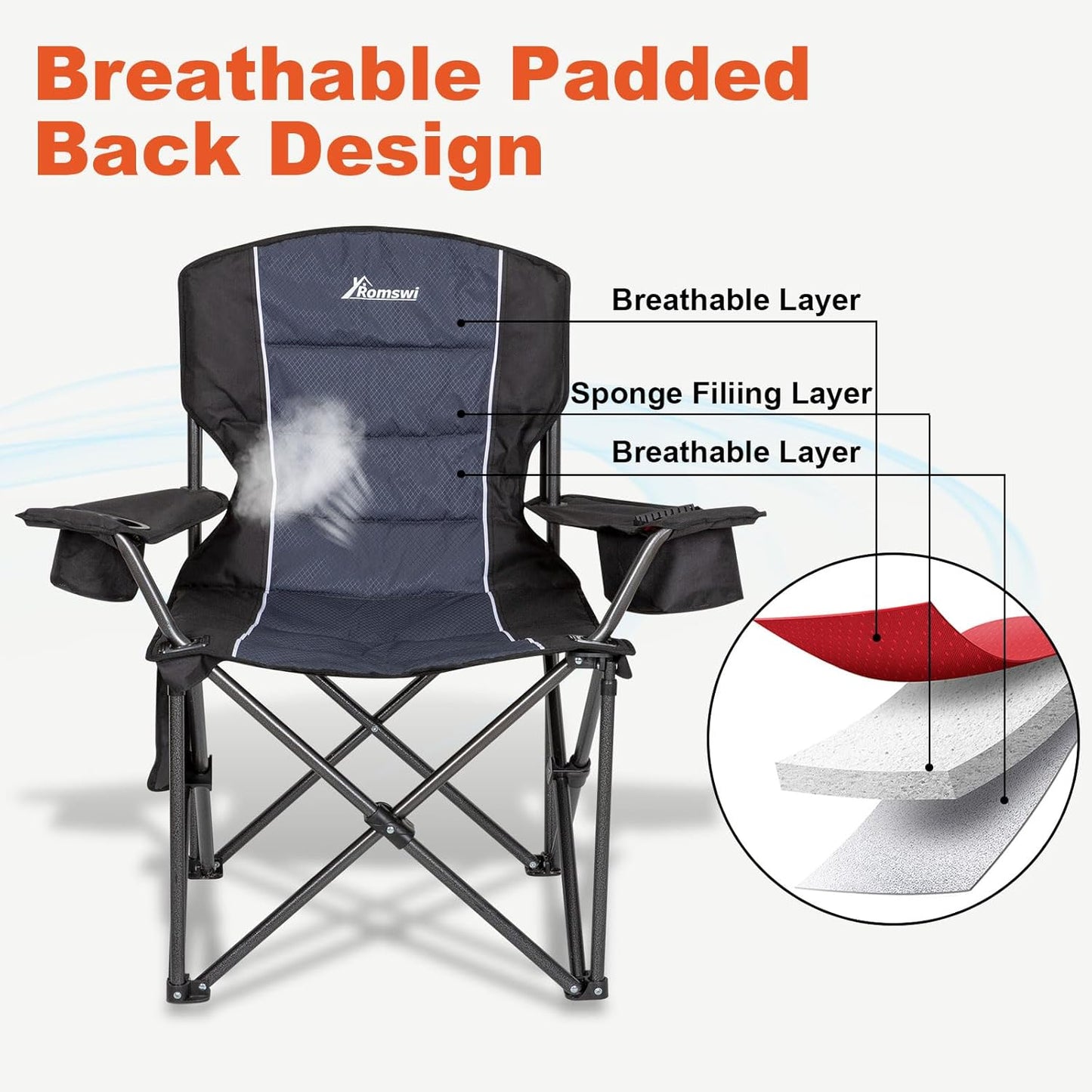 Oversized Camping Chairs,Heavy Duty Support 500 Lbs,Padded Back & Arm Sport Chairs, Cup Holder Cooler Bag, Collapsible Folding Chairs for Outdoor, Fishing & Garden, Black,2-Pack