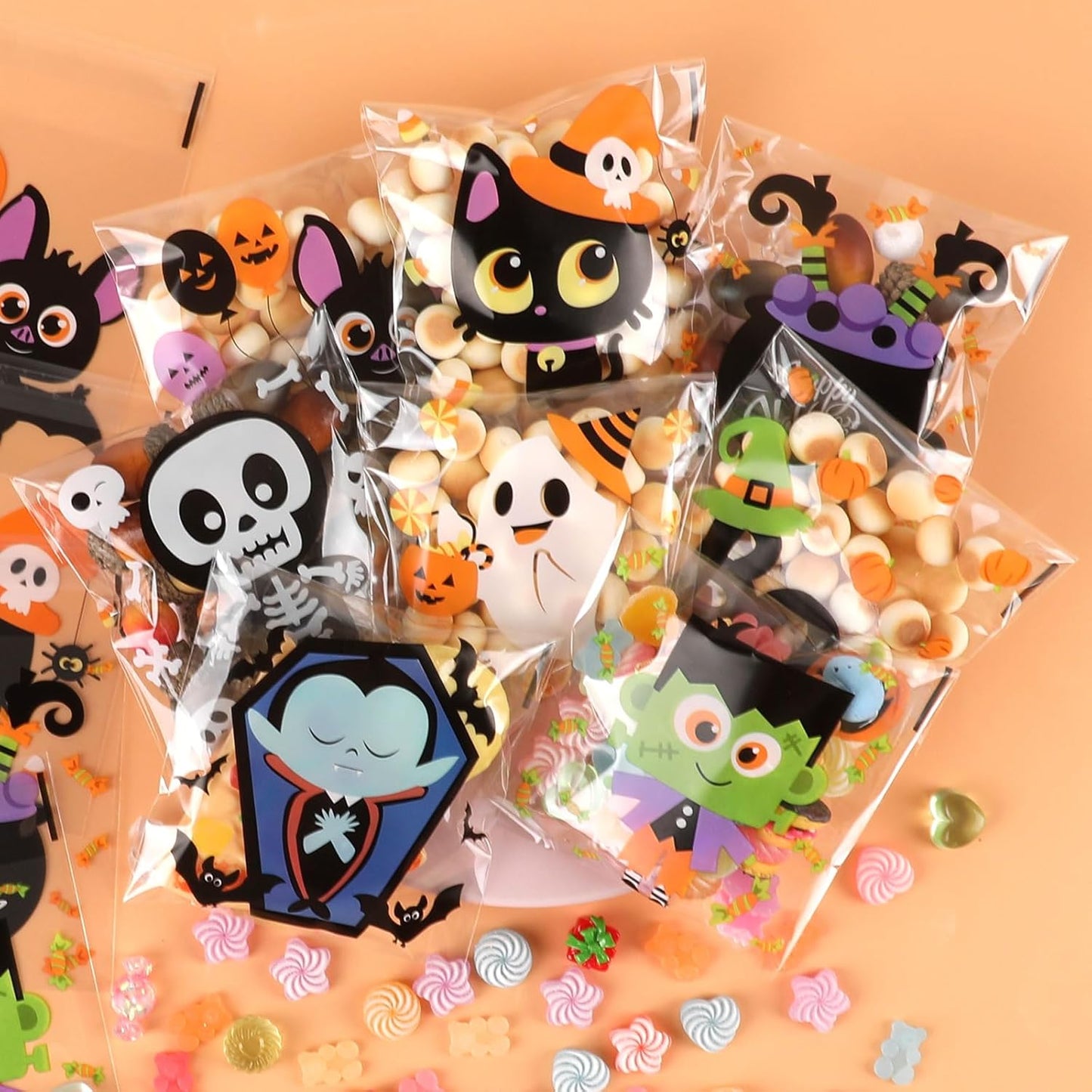 240Pcs Halloween Cellophane Treat Bags Self Adhesive Clear Cookie Bags Self Sealing Transparent Cello Candy Bags Self-Adhesive Plastic Goody Snacks Gift Bags for Halloween Party Favors