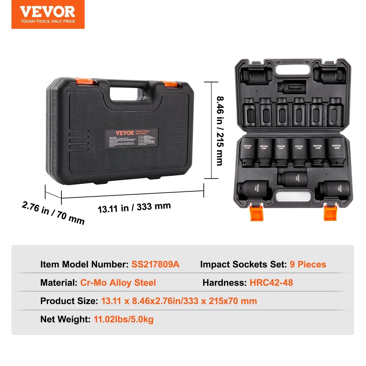 VEVOR 1/2 Drive Impact Socket Set, 9 Piece Deep Socket Set Metric 29-38Mm, 6 Point Cr-Mo Alloy Steel for Auto Repair, Easy-To-Read Size Markings, Rugged Construction, Includes Storage Case